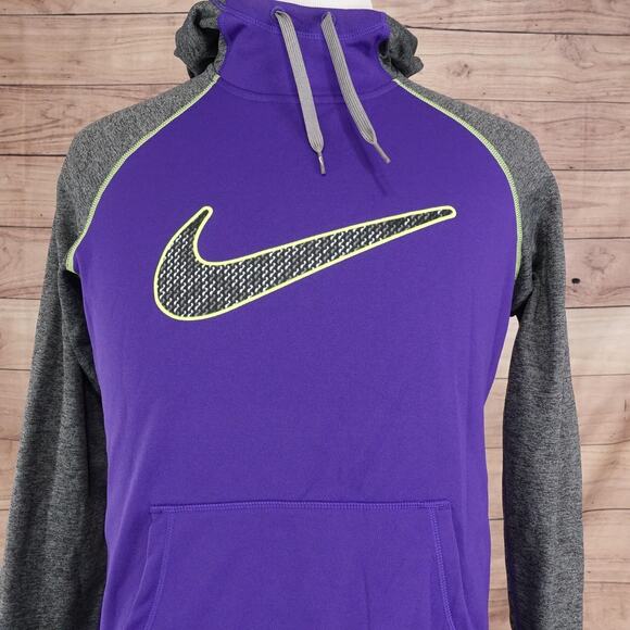 Nike Therma-FIT Hoodie Mens Medium Purple Gray Swoosh Pullover Thumbholes Raglan - Picture 1 of 11